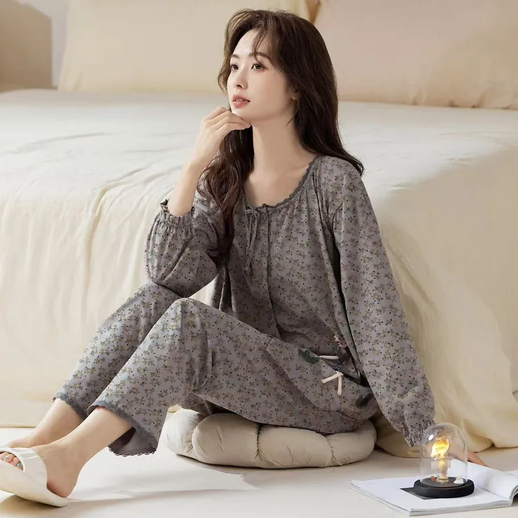 春秋季新款睡衣女长袖长裤家居服宽松大码休闲可外穿套装