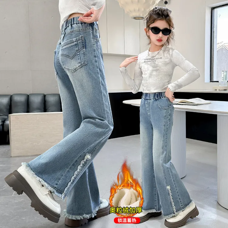 女童加绒秋冬牛仔裤新款儿童冬装一体喇叭裤大童女童冬季加绒裤子