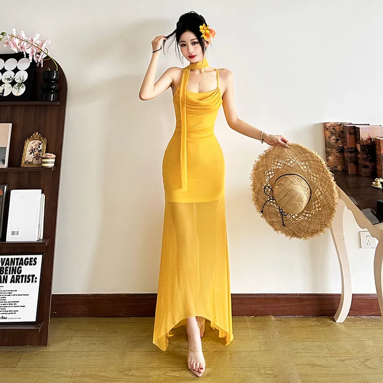 Malou 夏威夷海岛度假清冷仙柔吊带裙女 飘逸网纱连衣裙K25D65858