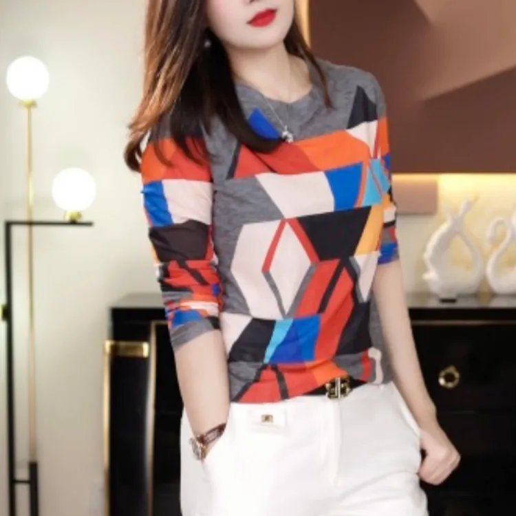 几何图形 夏季印花时尚圆领网纱舒适洋气T恤打底长袖拼色上衣1603