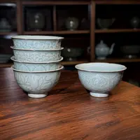 长安知己非遗耀州窑「4.7英寸宋式高足花口碗」天青釉下刻花茶点碗