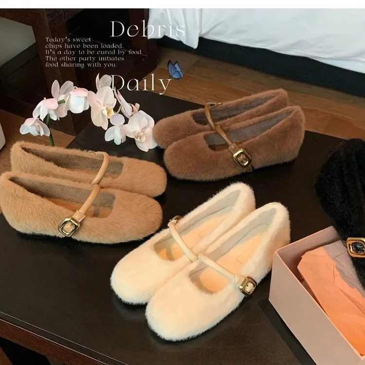 芭蕾风一字带5cm内增高毛毛玛丽珍单鞋女秋冬温柔2025加绒豆豆鞋