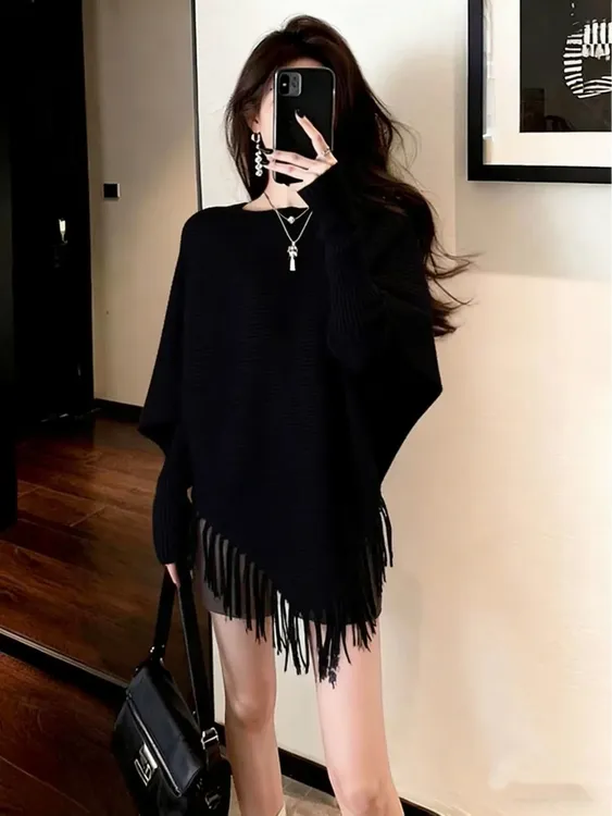 Z316设计感女不规则宽松流苏冬季毛衣慵懒风针织上衣秋冬新款