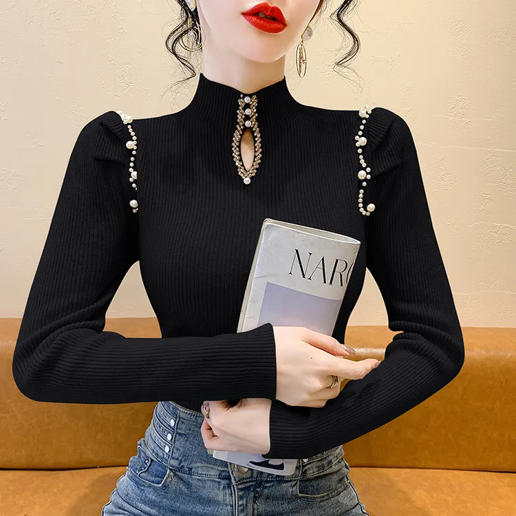 毛衣女款钉珠镂空半高领针织衫女秋冬气质设计感修身冬季长袖上衣