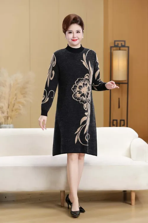 中老年妈妈装加肥加大毛衣连衣裙女2025新款爆款外穿冬天厚裙子