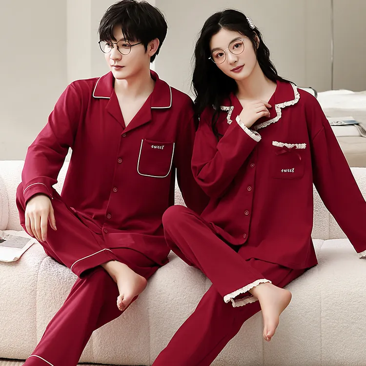情侣红色睡衣女春秋季薄款纯棉长袖新娘结婚本命年家居服男士套装