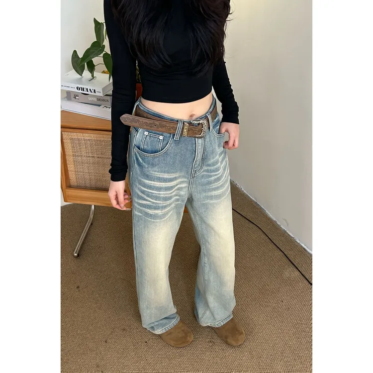 2025秋冬新款牛仔裤宽松直筒做旧设计女复古加绒中腰显瘦显腿长潮
