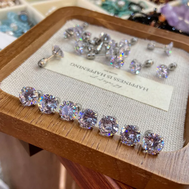 铜合金玻璃耳饰 超闪S925银针80分锆石耳骨钉睡觉耳洞免摘耳钉女