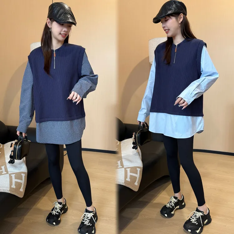 二姐的宝藏秋季新款显瘦半拉链假两件拼接针织长袖衬衫#25330