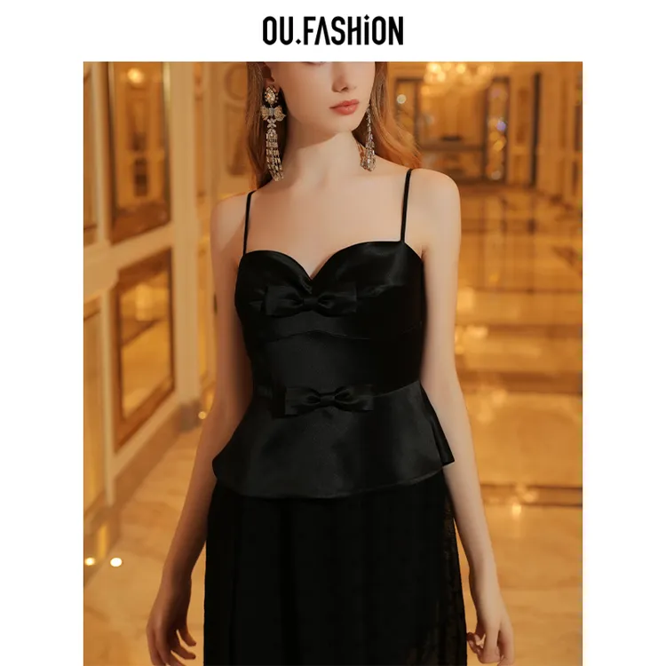 OU.FASHION/欧点醋酸吊带连衣裙开叉中长裙1122430054