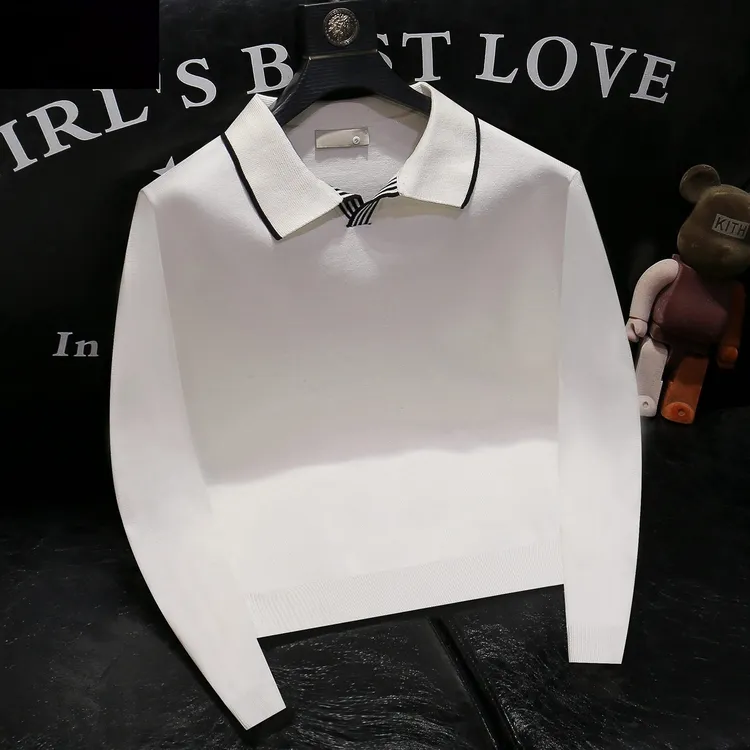 时尚简约八字领长袖针织Polo衫男2025秋冬新款老钱风拼色翻领毛衣