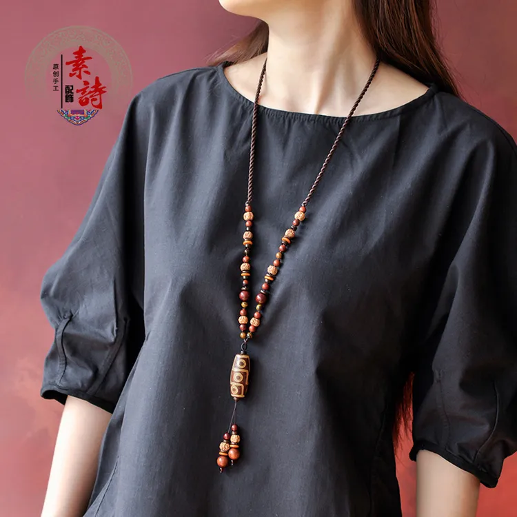 非金属布艺项链 中式秋冬高级复古毛衣链古风高档民族风长款挂件