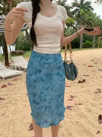 不冷BULENG 夏日蓝  油彩晕染数码印花半身裙