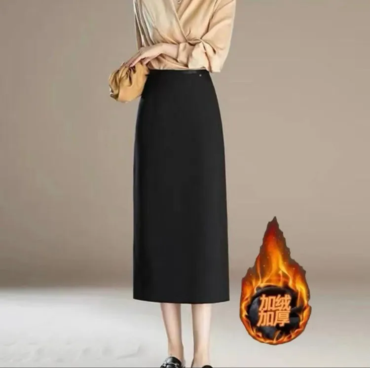 两个规格】黑色半身裙裙子秋冬高腰百搭冬季时尚气质后开叉中长款