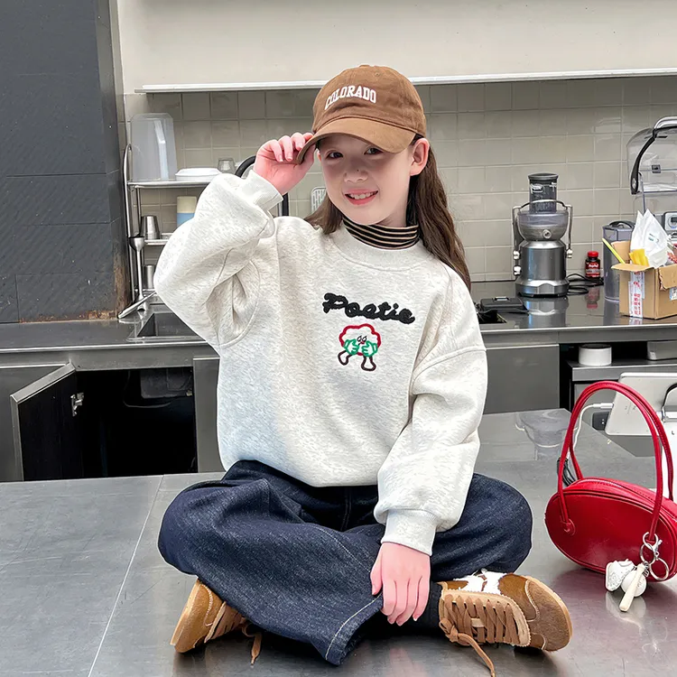 一体绒儿童高领长袖上衣女童宽松保暖卫衣大童绒衫2025冬装新款