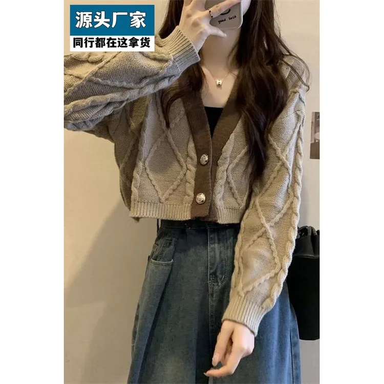 梵乐芬咖色V领针织开衫女秋冬短款高腰长袖早秋穿搭毛衣外套小个