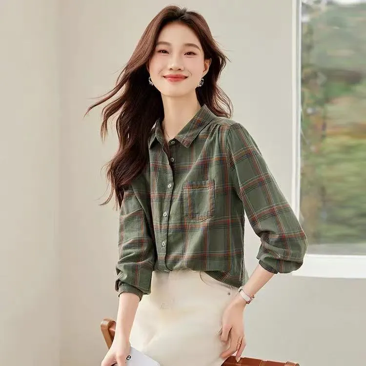 秋款休闲宽松格子棉衬衫长袖翻领条纹衬衫85123