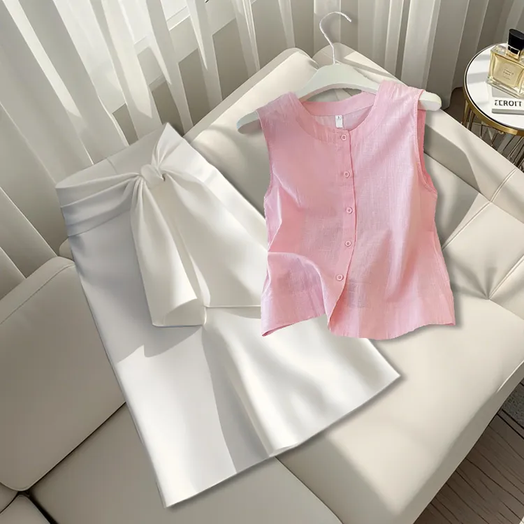 2025夏季新款穿搭一整套简约百搭无袖上衣蝴蝶结高腰半身裙两件套