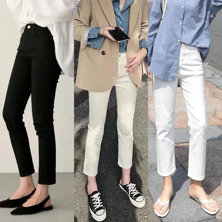 白色直筒九分牛仔裤女2025新款春夏法棍裤修身外穿百搭弹力烟管裤