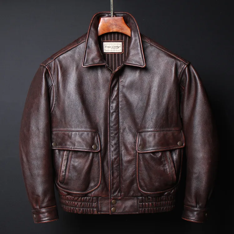 阿美咔叽复古A2空军飞行服皮夹克港风宽松短款头层牛皮真皮皮衣男