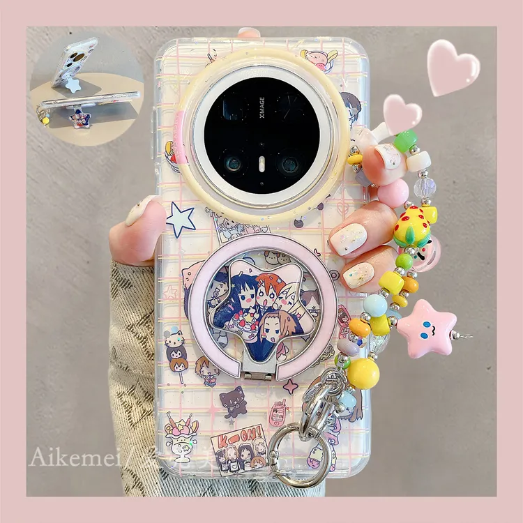 适用华为mate70pro+手机壳粉格纹轻音少女Mate60pro+折叠磁吸支架