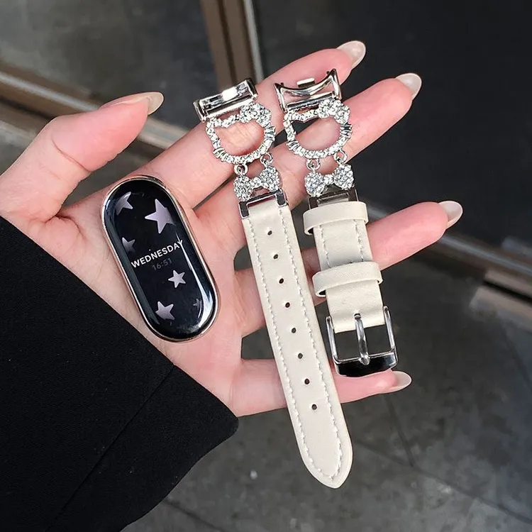 适用小米手环10表带新款闪钻KT猫8/9/nfc可爱轻奢皮质手表带腕带