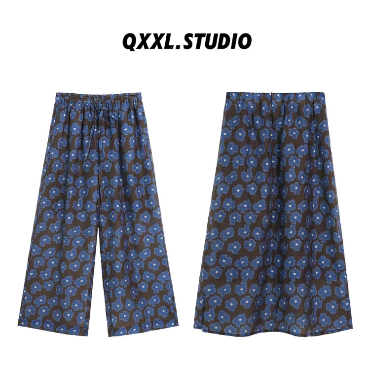 邱小小丽呀 夏款垂感舒适碎花长裤高腰显瘦直筒百搭裙子女