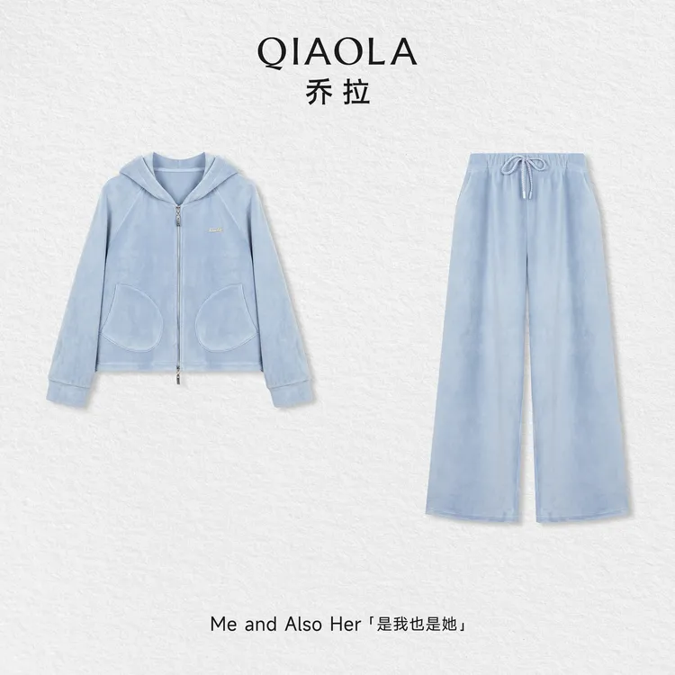 QIAOLA/乔拉【晴日思念】秋冬双面奥粒绒时尚连帽拉链外套阔腿长裤