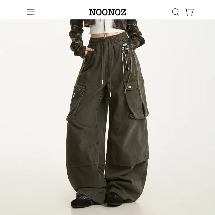 NOONOZ潮牌美式复古阔腿工装裤男秋季大口袋裤子宽松垂感休闲长裤