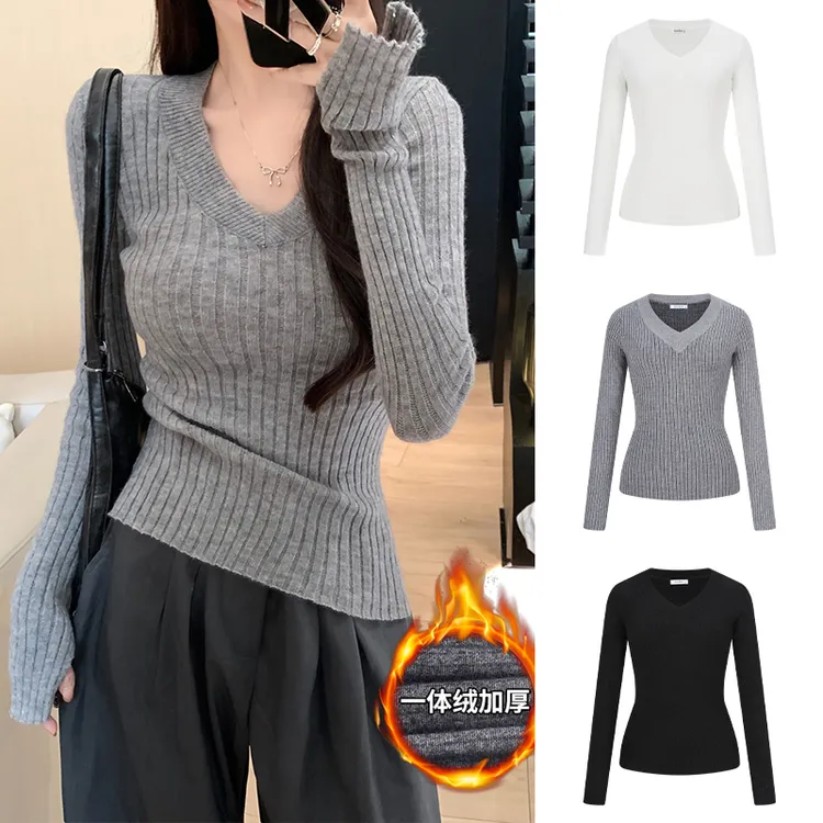 Moses Queen/魔西女王灰色v领坑条针织衫收腰显瘦一体绒打底上衣