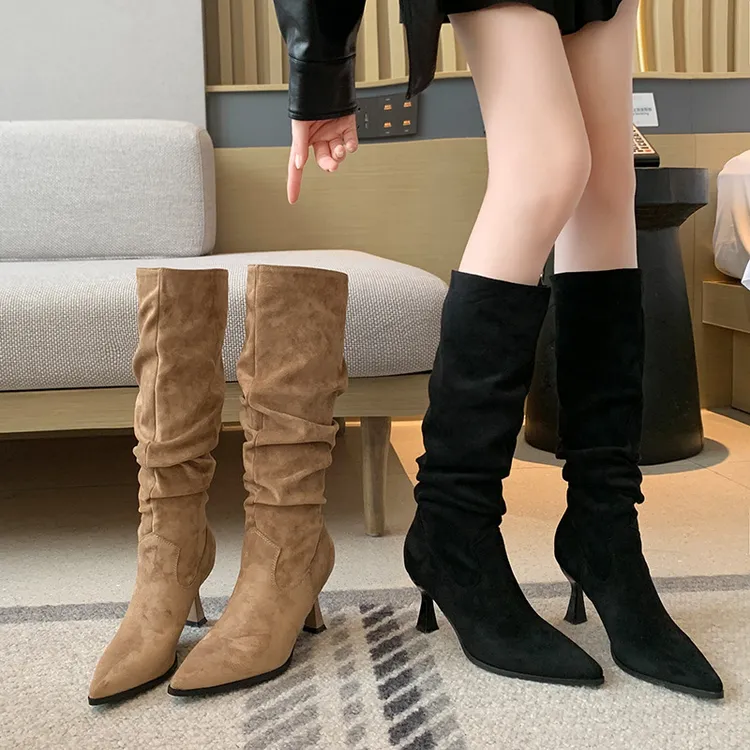 A大码粗腿大筒围长筒靴高跟尖头堆堆靴美拉德骑士靴胖mm大码女靴