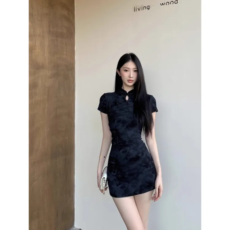 新中式国风改良旗袍短袖连衣裙女夏季新款修身显瘦短裙褶皱A字裙