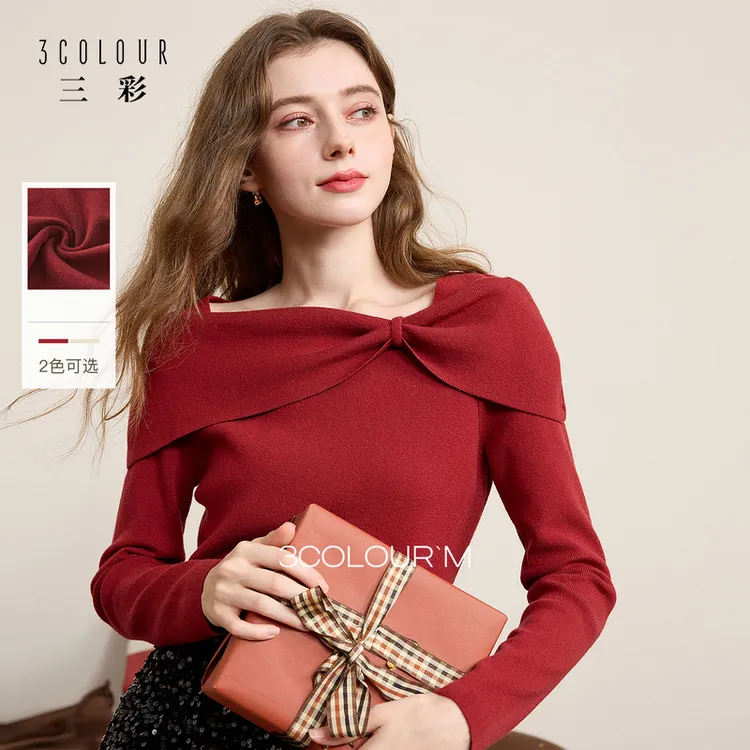 2425林一专属针织衫三彩2025秋季新款蝴蝶结针织衫一字领毛dbc