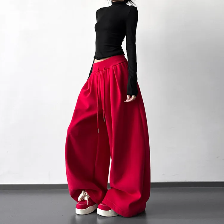 红色裤子女2025秋冬季休闲直筒运动卫裤加绒加厚束脚拖地阔腿裤子