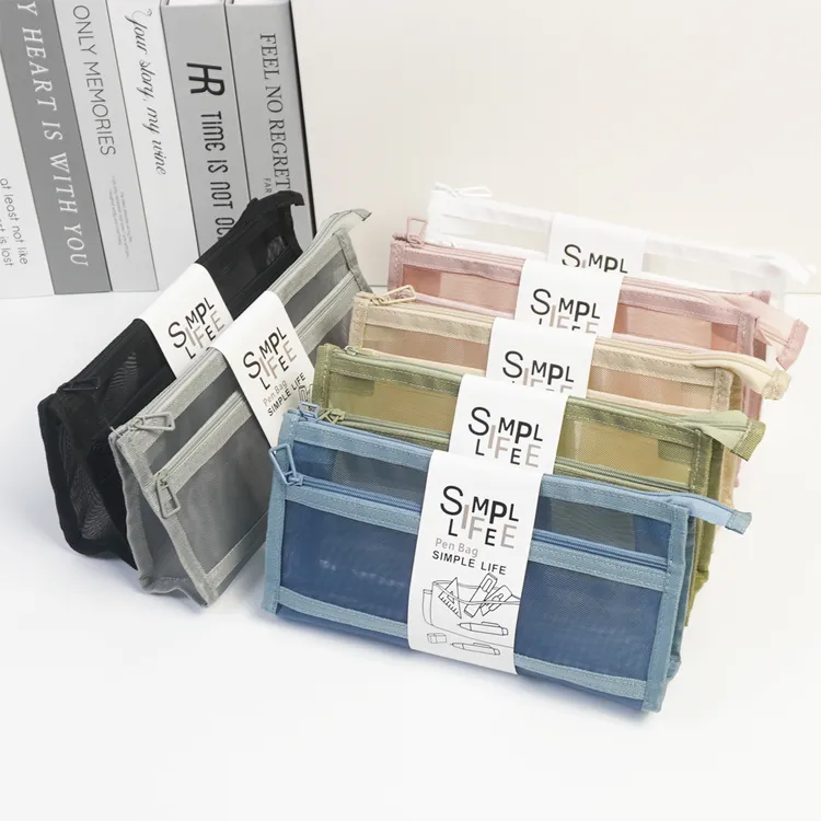 ins简约尼龙网纱透明笔袋学生考试大容量高颜值三角形耐脏文具袋