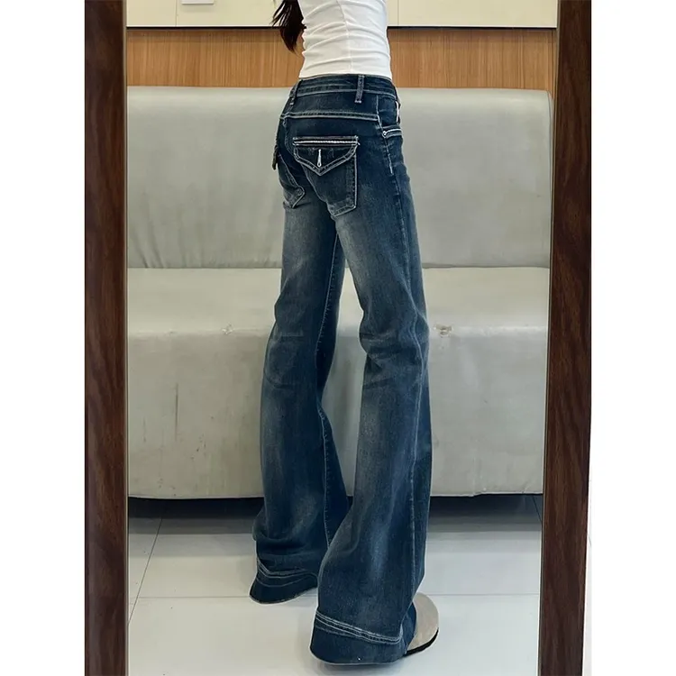 美式牛仔裤女2025年秋季新款复古水洗蓝拖地辣妹弹力低腰微喇裤子