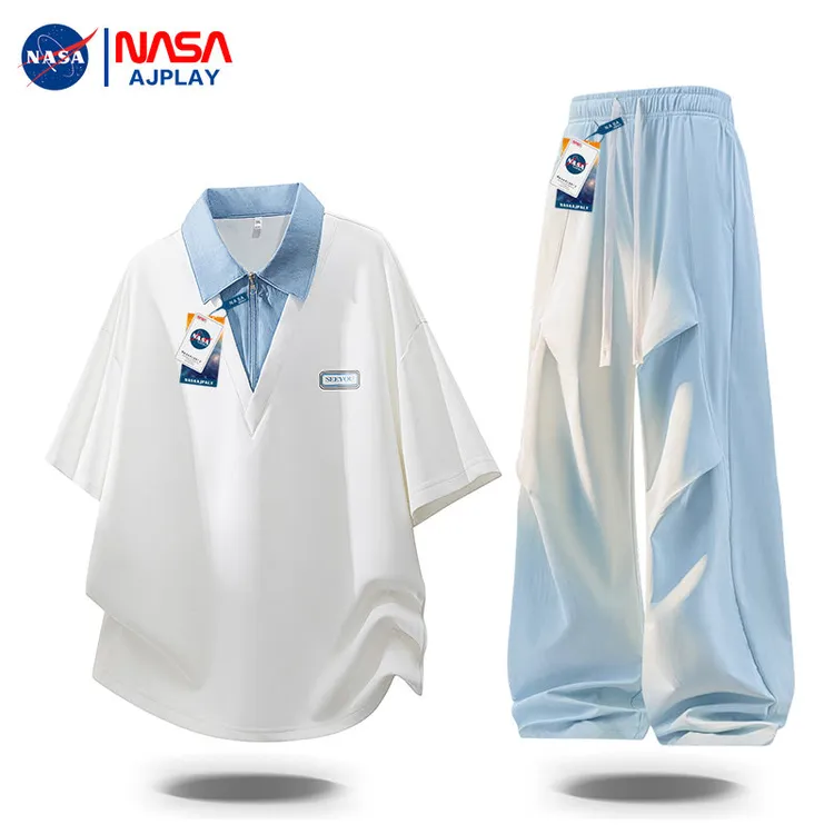 【NASA正品】阳光干净帅气男生套装夏季假两件翻领polo衫短袖休闲裤