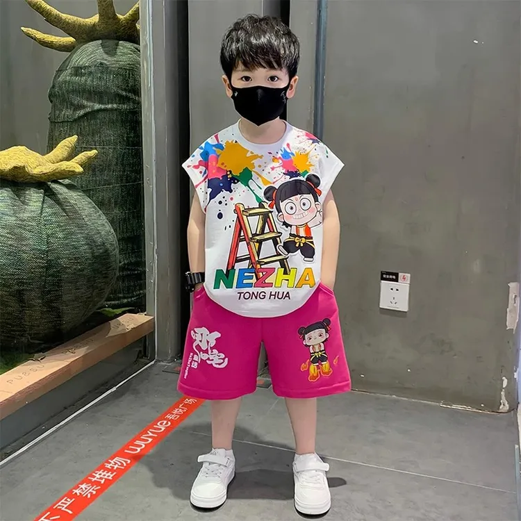 儿童无袖套装哪吒2卡通印花2025夏季新款时尚潮流薄款宽松两件套