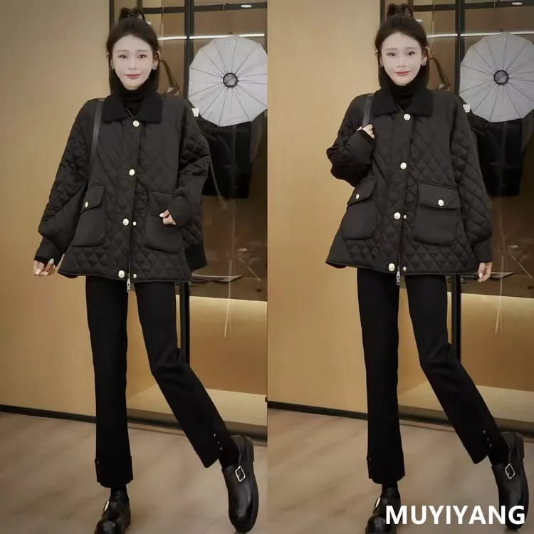 【剪秋】独特超好看黑色菱格高定版棉衣外套 衣长69 25-482#