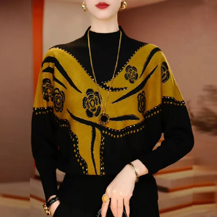 新中式国风烫钻针织衫大码女装长袖宽松毛衣2025年秋季新款打底衫