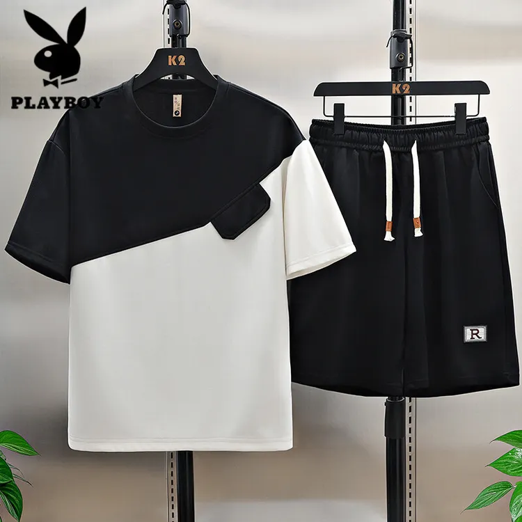 花花公子宽松运动套装夏季两件短袖T恤搭配五分裤穿搭一套两件装