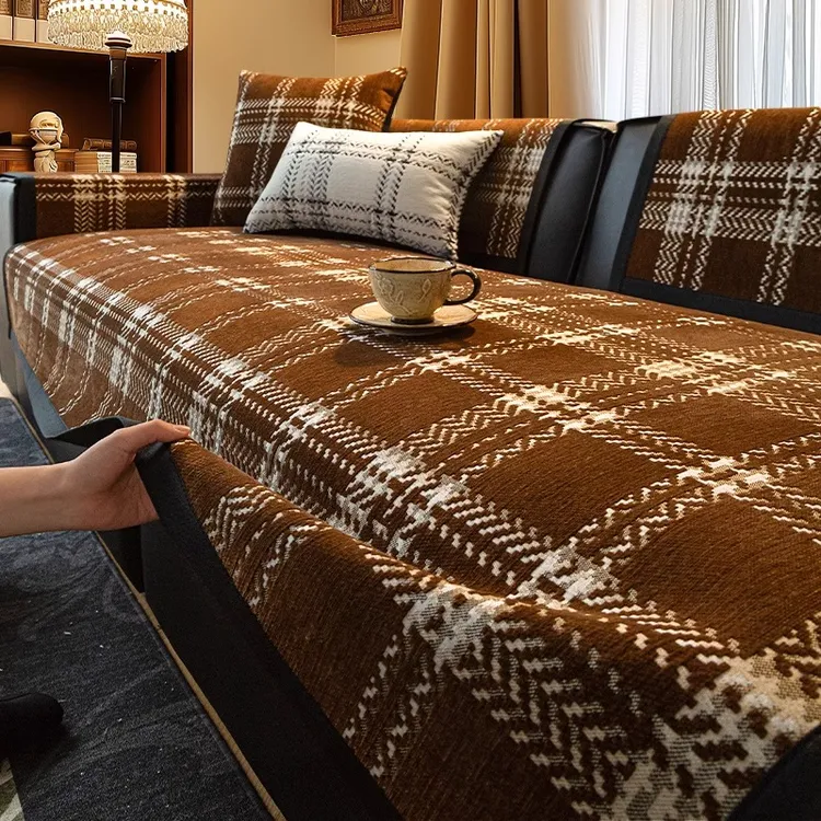 麦颜复古轻奢格纹沙发垫子2025新款四季通用固定防滑套罩盖布