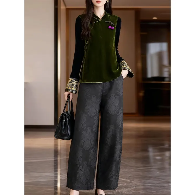 3168#绿色气质丝绒马甲女新中式国风复古高级感唐装盘扣上衣