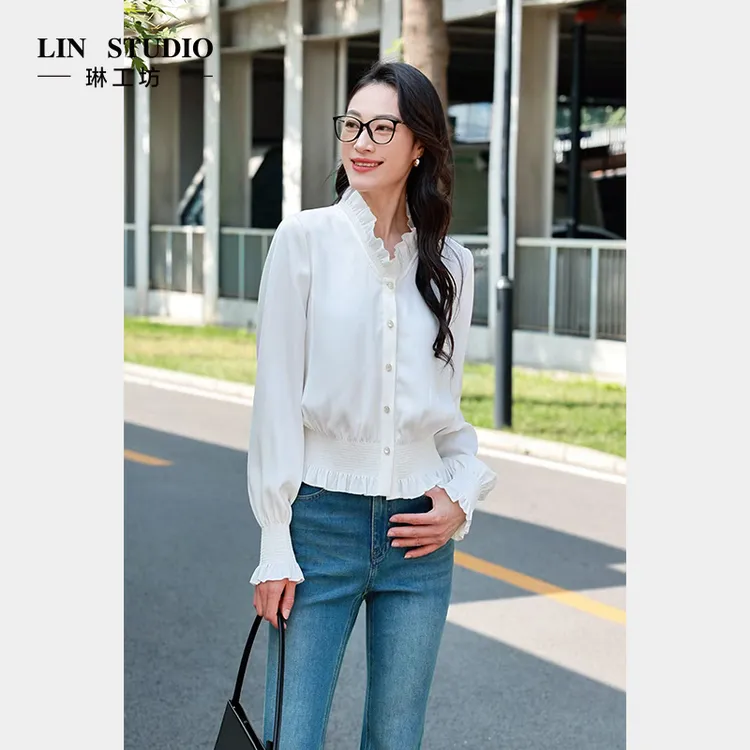 【粉丝纪念款】琳工坊“闲然”白色衬衫气质通勤荷叶边显瘦唐琳设计师