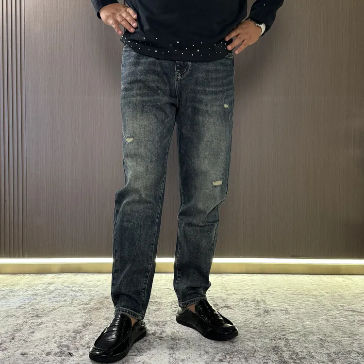 小脚牛仔裤青少年男士复古小直筒裤秋季男士修身洒金粉牛仔裤