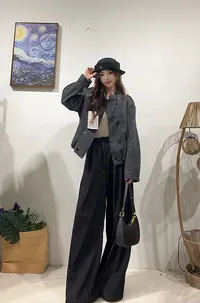 153区8808深灰立领双排扣毛呢短款小风衣夹克外套