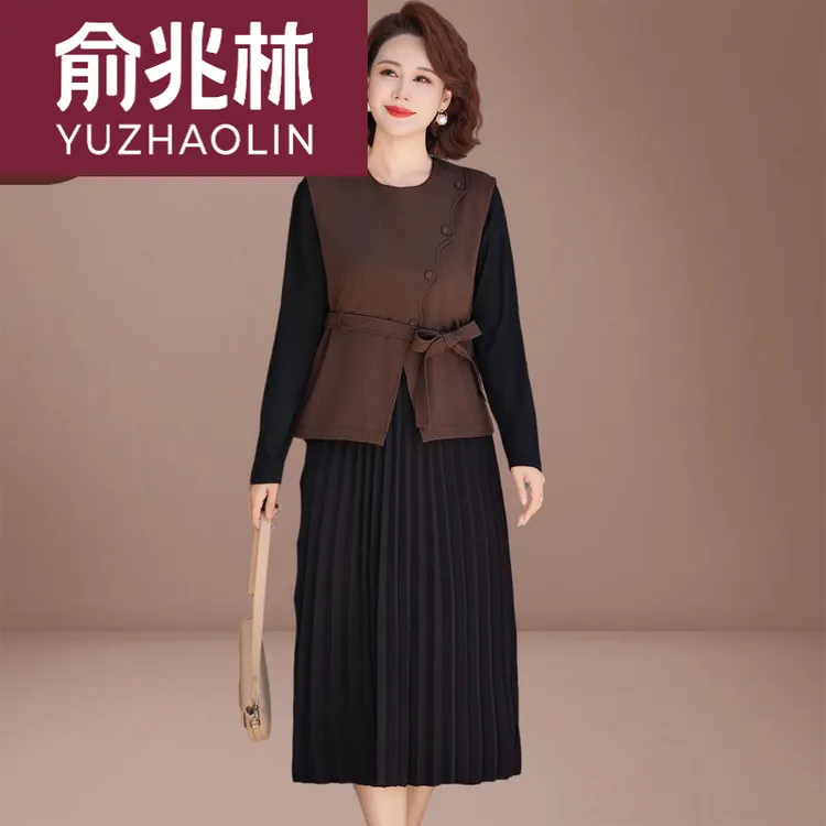 俞兆林夫人妈妈秋装新款连衣裙中老年春秋老年中老年加绒修身马甲