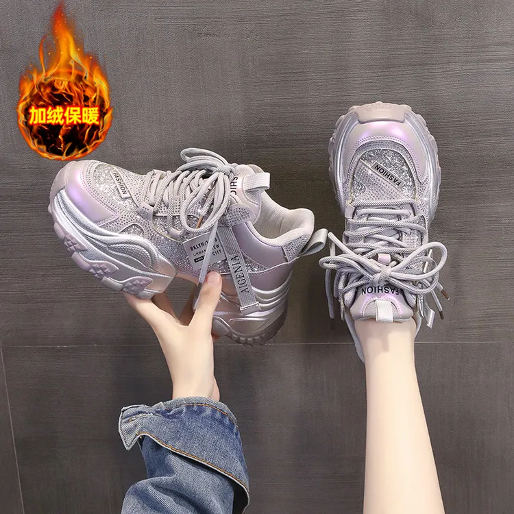 【X-高帮】网红亮片高帮鞋女2025新款爆款老爹鞋厚底百搭休闲运动鞋