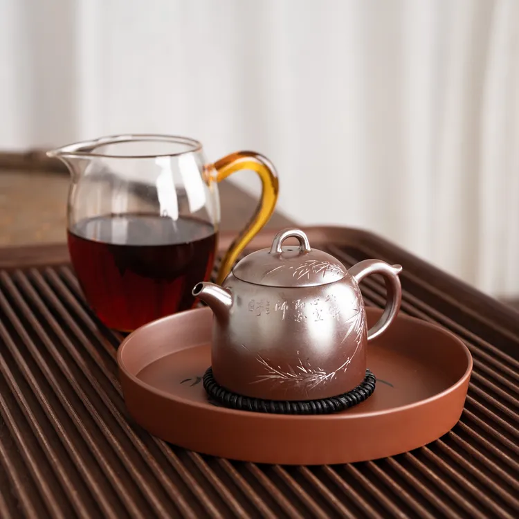 『柴烧雅竹秦权』坭兴陶茶壶柴窑紫金窑宝球孔书法壶140毫升12232