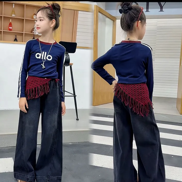 女童韩版套头女春秋休闲风印花套装儿童洋气针织高腰阔腿牛仔裤潮